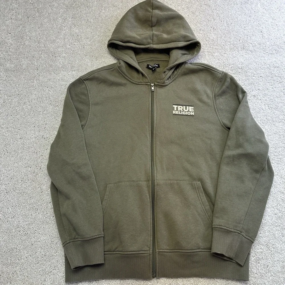 True Religion Men's Green Fleece Full Zip Hoodie Graphic Print Size Large